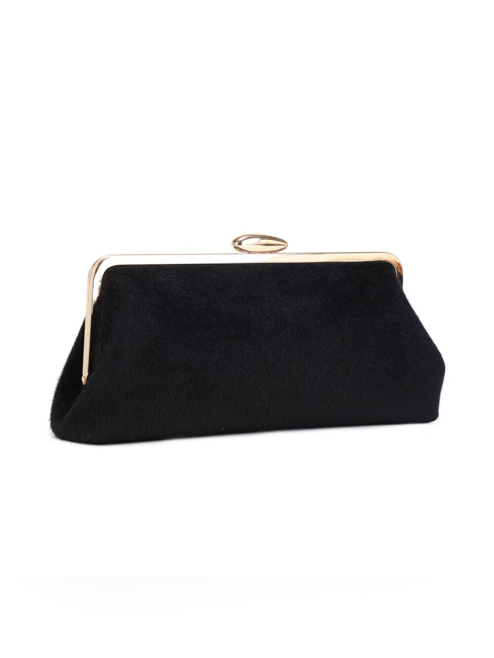 Black Faux-Fur Clutch with Gold-Tone Frame